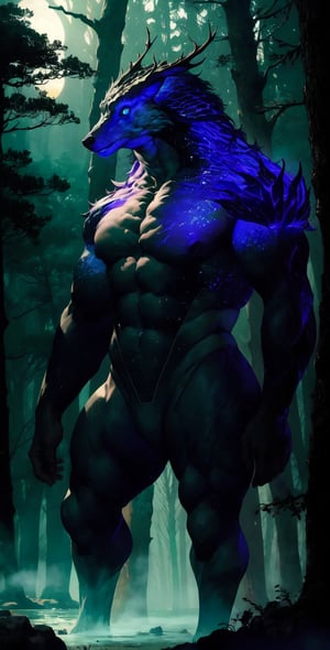 A towering, unnatural creature stands before a misty, moonlit forest backdrop. Its massive frame is almost entirely exposed muscle and tendons, with vibrant blue-green veins pulsing beneath the surface. The cryptid's gaze is fixed intently ahead, its expression a mix of intensity and contemplation as it surveys the surroundings.