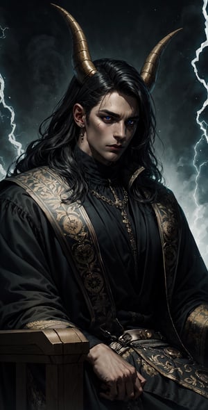 A king wearing black as he sits on his throne,lit up eyes,eye_glow, neutral expression,mascara,markings,bigger_male,curled_horns,electricity.