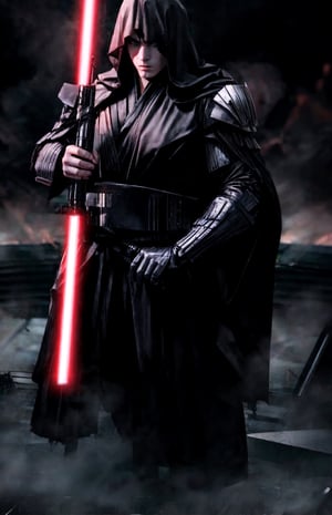 Large man in Sith gear holding a black lightsaber, destruction,complex_background,muscular_body.,b33rb3lly,perfecteyes eyes