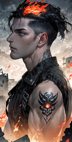 Omnipotent being with fiery eyes standing amongst a ruined town,dilf,undercut,tattoos,portrait
