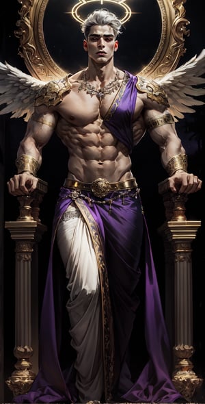 A mighty deity descends from a radiant sky, surrounded by a halo of shimmering light. The divine being stands tall, arms outstretched and eyes blazing with ancient wisdom. A regal throne rises behind, adorned with gleaming gems and ornate carvings. The background is a deep, foreboding purple, accentuating the god's ethereal presence,better_scar.,better_scar,black eye_liner, Pectorals Focus,large_pectorals,beefcake,muscular_body,glowing_bits,eye_glow,Pectoral Focus,luminescence,grey_hair,hourglass_figure,soft lips.