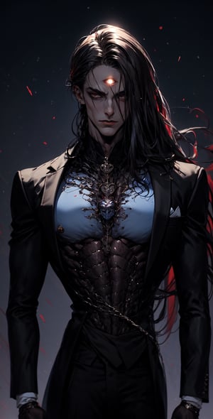A crooked man in his black suit,the skin of his chest being removed showing muscle,1male,muscular_body,sthoutfit,DonMDj1nnM4g1cXL ,demonic third eye,niji,flowing hair,long_hair.