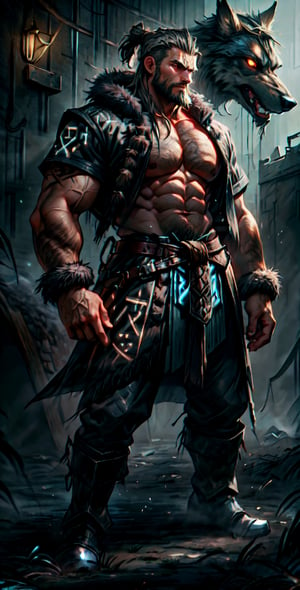 Viking king standing with his massive wolf wearing a furcoat, facial_hair,GlowingRunes_ on arms and chest,muscular_body,cloth around waist and fur boots, neutral expression, long_hair, braided_hair,undercut,gray_hair.