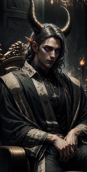 A king wearing black as he sits on his throne,lit up eyes,eye_glow, neutral expression,mascara,markings,bigger_male,curled_horns.