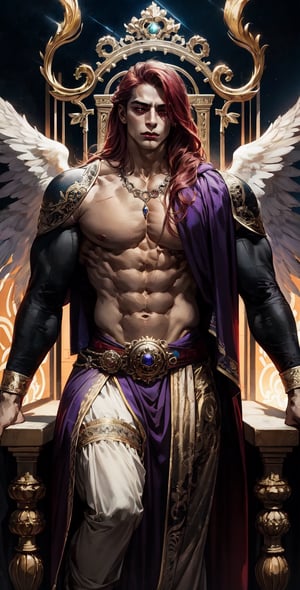 A mighty deity descends from a radiant sky, surrounded by a halo of shimmering light. The divine being stands tall, arms outstretched and eyes blazing with ancient wisdom. A regal throne rises behind, adorned with gleaming gems and ornate carvings. The background is a deep, foreboding purple, accentuating the god's ethereal presence,better_scar.,better_scar,black eye_liner, Pectorals Focus,large_pectorals,beefcake,muscular_body,glowing_bits,eye_glow,Pectoral Focus,luminescence,maroon hair.