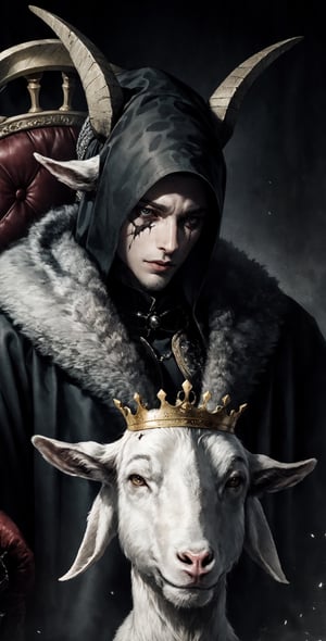 A king wearing black as he sits on his throne,lit up eyes,eye_glow, neutral expression,scarred face,bigger_male,goat_eyes.