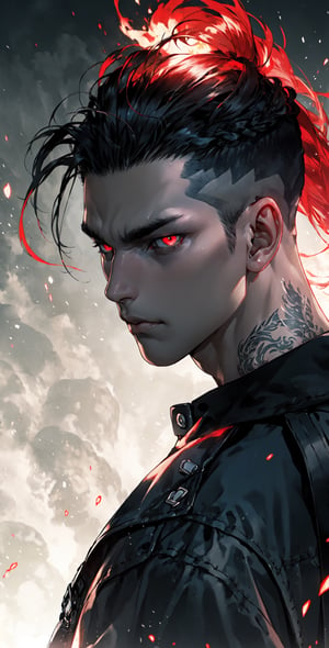 Omnipotent being with fiery eyes,dilf,undercut,tattoos,portrait,destruction,complex_background,lit up eyes,eye_glow,red_eyes,braided_ponytail.