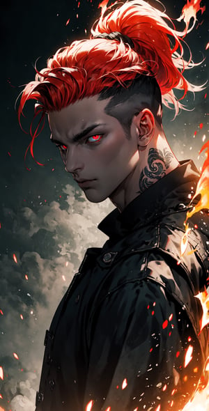 Omnipotent being with fiery eyes,dilf,undercut,tattoos,portrait,destruction,complex_background,lit up eyes,eye_glow,red_eyes,braided_ponytail,two-tone-hair.