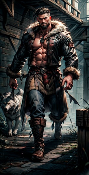 Viking king standing with his massive wolf wearing a furcoat, facial_hair,GlowingRunes_,muscular_body,cloth around waist and fur boots, neutral expression, long_hair, braided,undercut,gray_hair.