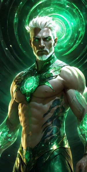 Visualize a Lenkaizm art style, avatar, 1 old man, manly character, ethereal form, perfect anatomy, detailed face, perfect eye, superhero, short spike white hair, white_beard,facial_hair, detailed muscular body, dynamic pose, tribal, highest quality, 8K, hyperdetail, looking at viewer, standing symetrical, mixed emerald element, shiny_skin, depicting a emerald digital artificial intelligent entity, Lenkaizm style, photon energy veins, swirling liquid form of digital data, portrait, fisheye, medium shining light, glowing skin, bioluminescence entity, archaic, absolute masterpiece,EpicSky,Movie Still, planet earth in the background,cloud,gold_trim,claws,torn_cape