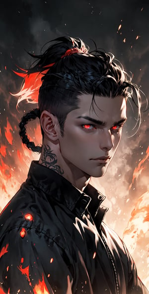 Omnipotent being with fiery eyes,dilf,undercut,tattoos,portrait,destruction,complex_background,lit up eyes,eye_glow,red_eyes,braided_ponytail,two-tone-hair.