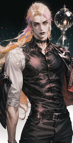 A fashionable man with long multicoloured hair, black lipstick,upper_body,bara_tiddies,hourglass_figure, choker.,1boy, thighboots, right leather pants, tight shirt.