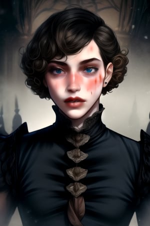 short-hair, curly_hair, black, portrait, soft lips, Detailedface, Male focus, Ball jointed doll, in the style of bloodborne.
