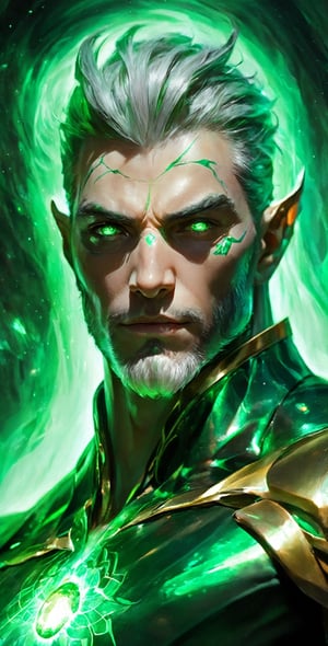 Visualize a Lenkaizm art style, avatar, 1 old man, manly character, ethereal form, perfect anatomy, detailed face, perfect eye, superhero, short spike green hair, emerald_beard,facial_hair, detailed muscular body, dynamic pose, tribal, highest quality, 8K, hyperdetail, looking at viewer, standing symetrical, mixed emerald element, shiny_skin, depicting a emerald digital artificial intelligent entity, Lenkaizm style, photon energy veins, swirling liquid form of digital data, portrait, fisheye, medium shining light, glowing skin, bioluminescence entity, archaic, absolute masterpiece,EpicSky,Movie Still, planet earth in the background,cloud,gold_trim,claws,torn_cape