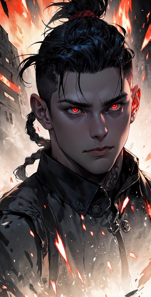 Omnipotent being with fiery eyes,dilf,undercut,tattoos,portrait,destruction,complex_background,lit up eyes,eye_glow,red_eyes,braided_ponytail.