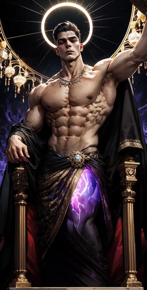 A mighty deity descends from a radiant sky, surrounded by a halo of shimmering light. The divine being stands tall, arms outstretched and eyes blazing with ancient wisdom. A regal throne rises behind, adorned with gleaming gems and ornate carvings. The background is a deep, foreboding purple, accentuating the god's ethereal presence,better_scar.,better_scar,black eye_liner, Pectorals Focus,large_pectorals,beefcake,muscular_body,glowing_bits,eye_glow,glowing eyes.