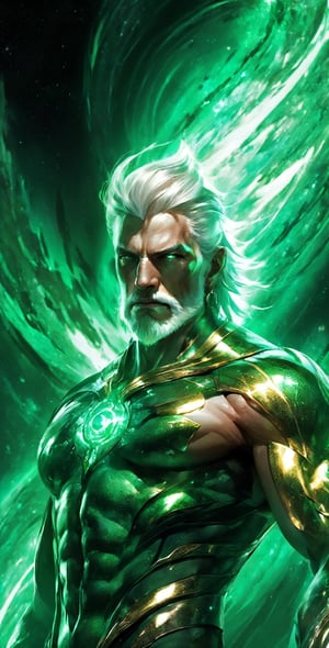 Visualize a Lenkaizm art style, avatar, 1 old man, manly character, ethereal form, perfect anatomy, detailed face, perfect eye, superhero, short spike white hair, white_beard,facial_hair, detailed muscular body, dynamic pose, tribal, highest quality, 8K, hyperdetail, looking at viewer, standing symetrical, mixed emerald element, shiny_skin, depicting a emerald digital artificial intelligent entity, Lenkaizm style, photon energy veins, swirling liquid form of digital data, full body shoot, fisheye, medium shining light, glowing skin, bioluminescence entity, archaic, absolute masterpiece,EpicSky,Movie Still, planet earth in the background,cloud,gold_trim,claws,torn_cape