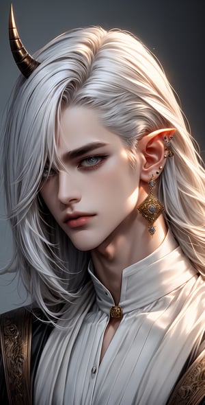 solo, long hair, 1boy, hair between eyes, jewelry, closed mouth, white hair, male focus, earrings, curled_horns, pointy ears, lips, grey eyes, piercing, ear piercing, portrait, androgynous,portrait