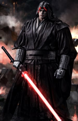 Large man in Sith gear holding a black lightsaber, destruction,complex_background,muscular_body.