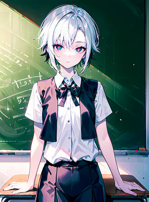 ((female)), (solo:1.2), ((masterpiece)), ((pale skin)), ((detailed eyes)), (bokeh effect), (dynamic angle), dynamic pose, white hair, black hair, gradient hair, short hair, interior, (x-shaped pupils), (teacher(, (classroom), in front of the blackboard