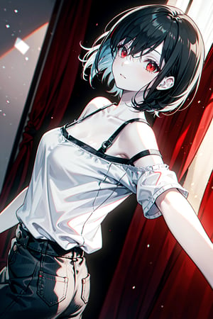 ((female)), (solo:1.2), ((masterpiece)), ((pale skin)), (bokeh effect), (dynamic angle), dynamic pose, black hair, straight hair, red eyes, ((tall)), (casual), interior, ((bare shoulders shirt)), (collarbone), (off shoulders), arching back