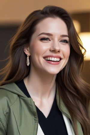 detailed, (masterpiece), very_aesthetic, absurdres, pale_skin, solo, female, glowing_eyes, upper_body, smile, teeth, earrings, brown_hair, open_mouth, long_hair, jacket, collarbone