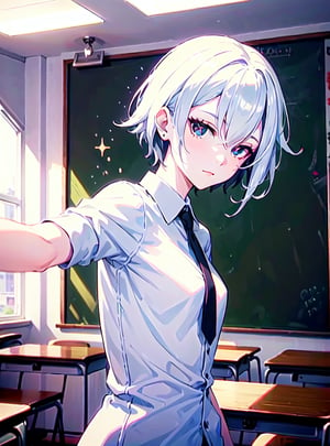 ((female)), (solo:1.2), ((masterpiece)), ((pale skin)), ((detailed eyes)), (bokeh effect), (dynamic angle), dynamic pose, white hair, black hair, gradient hair, short hair, interior, (x-shaped pupils), (teacher), (classroom), in front of the blackboard