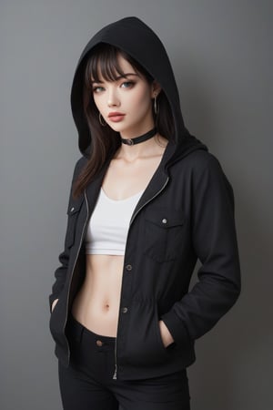 detailed, (masterpiece), very_aesthetic, absurdres, pale_skin, solo, female, upper_body, hands_in_pockets, navel, choker, black_hair, long_hair, hood, parted_lips, earrings, jacket, pants, bangs, open_clothes, collarbone, hoodie, groin, hood_down