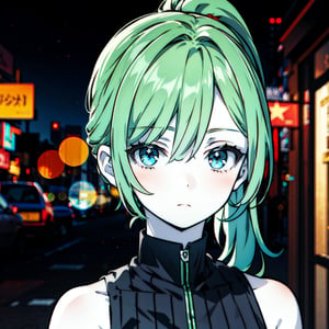 ((female)), (solo:1.2), ((masterpiece)), ((pale skin)), (bokeh effect), green hair, (ponytail), (face shot), upper shot, (looking at viewer)