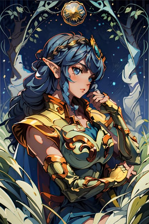 (masterpiece, best quality), 1girl, solo, (the justice:1.15), ((elf)), ((deep blue hair)), facing left, long hair, (cape), aurora, (sunshine, sky, river, forest), expressionless, (braids), (art nouveau:1.2), alphonse mucha, tiara, (face focus, upper body), sit, crossing legs, highly intricate details, realistic light, leoarmor
