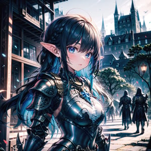 Masterpiece, best quality, ultra detailed, intricate detailed, One Girl, face focus, elven_ears, breastplate, blue hair, braids, ((armor)), ((fantasy)), battlestance,midjourney, anime, castle in the background, ((daytime)), ((metal armor))