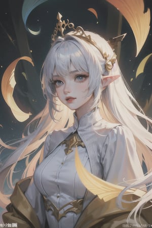 (masterpiece, top quality, best, official art, beautiful and aesthetic:1.2),(masterpiece, top quality, best quality, official art, beautiful and aesthetic:1.2), (1girl), extreme detailed,(fractal art:1.3),colorful,highest detailed,march 7th \(honkai: star rail\) white hair long, emperador girl,elven, elven background, whole body, Heavenly Stylish Long White Dress, background a forest elven field