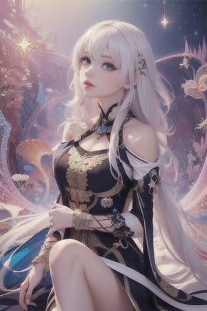 (masterpiece, top quality, best, official art, beautiful and aesthetic:1.2),(masterpiece, top quality, best quality, official art, beautiful and aesthetic:1.2), (1girl), extreme detailed,(fractal art:1.3),colorful,highest detailed,march 7th \(honkai: star rail\) white hair long