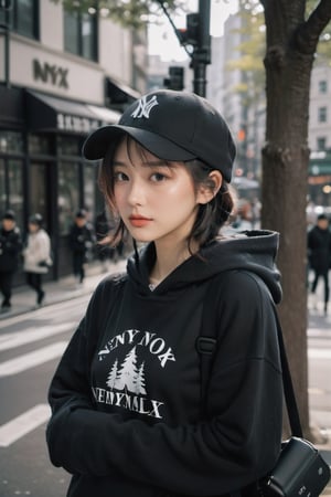 a photo portrait of a paparazzi holding a camera behind the tree targeting celebrities,  wearing black hoodie sort skirt and black hat NY logo,  ready to shot,  camera on eye, photographer posture,  dynamic pose,  brown eyes,  crying_with_eyes_open,  short white wavy hair,  b3rli, xxmix_girl, omatsuri, LinkGirl, , , , , 