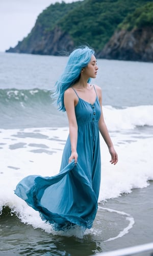 xxmixgirl, 1girl, solo, light_blue_hair, liquid hair,  long hair, floating hair,  full body,  standing, sundress,  liquid clothes,  water, waves,  tsunami, tide, sea, water dress