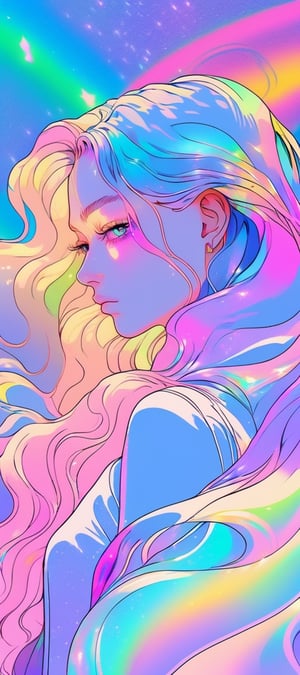 1girl, solo,long wavy hair,flowing rainbow colored holographic background,portrait, holographic, iridescent, vaporwave, fluid,niji style,skech