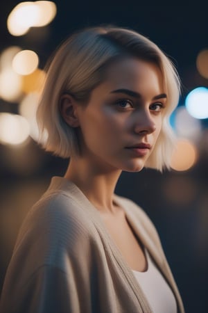  aesthetic portrait, 1girl, beautiful white girl, solo, short hair,side ponytail,  bokeh, depth of field, cinematic, nighttime 