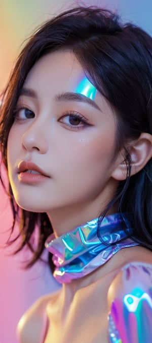 xxmixgirl, 1girl beautiful face goodlooking, flowing rainbow colored holographic background. Keywords: nike, holographic, iridescent, vaporwave, fluid., ,xxmix_girl