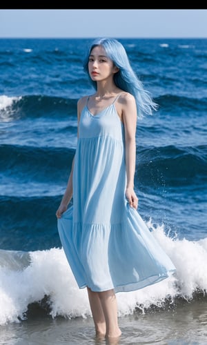 xxmixgirl,1girl,solo,light_blue_hair,liquid hair, long hair,floating hair, full body, standing,sundress, liquid clothes, water,waves, tsunami,tide,sea,water dress,