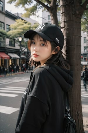 a photo portrait of a paparazzi holding a camera behind the tree targeting celebrities,  wearing black hoodie sort skirt and black hat NY logo,  ready to shot,  camera on eye, photographer posture,  dynamic pose,  brown eyes,  crying_with_eyes_open,  short white wavy hair,  b3rli, xxmix_girl, omatsuri, LinkGirl, , , , , 