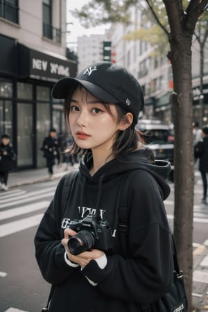 a photo portrait of a paparazzi holding a camera behind the tree targeting celebrities,  wearing black hoodie sort skirt and black hat NY logo,  ready to shot,  camera on eye, photographer posture,  dynamic pose,  brown eyes,  crying_with_eyes_open,  short white wavy hair,  b3rli, xxmix_girl, omatsuri, LinkGirl, , , , , 