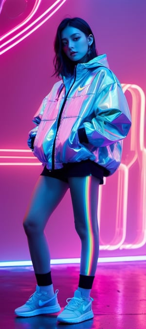 xxmixgirl, blue neon lights, somber expression, photorealistic, hyperdetailed, hyperrealism, cinematic, full body
flowing rainbow colored holographic background. Keywords: nike,  holographic,  iridescent,  vaporwave,  fluid., 