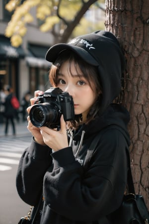 a photo portrait of a paparazzi holding a camera behind the tree targeting celebrities,  wearing black hoodie sort skirt and black hat NY logo,  ready to shot,  camera on eye, photographer posture,  dynamic pose,  brown eyes,  crying_with_eyes_open,  short white wavy hair,  b3rli, xxmix_girl, omatsuri, LinkGirl, , , , , 