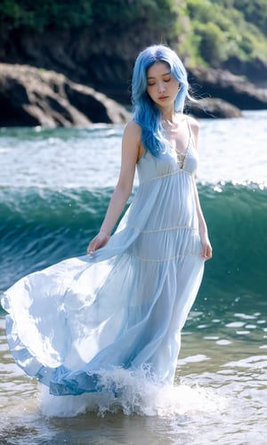 xxmixgirl, 1girl, solo, light_blue_hair, liquid hair,  long hair, floating hair,  full body,  standing, sundress,  liquid clothes,  water, waves,  tsunami, tide, sea, water dress