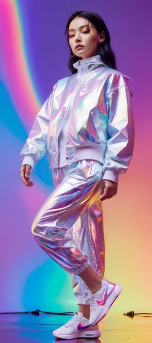 xxmixgirl, 1girl beautiful, flowing rainbow colored holographic background. Keywords: nike, holographic, iridescent, vaporwave, fluid., 