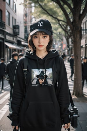 a photo portrait of a paparazzi holding a camera behind the tree targeting celebrities,  wearing black hoodie sort skirt and black hat NY logo,  ready to shot,  camera on eye, photographer posture,  dynamic pose,  brown eyes,  crying_with_eyes_open,  short white wavy hair,  b3rli, xxmix_girl, omatsuri, LinkGirl, , , , , 