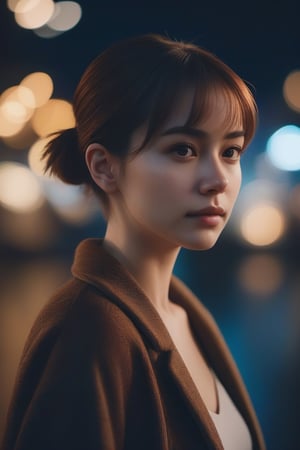  aesthetic portrait, 1girl,solo, short hair,side ponytail,  bokeh, depth of field, cinematic, nighttime 