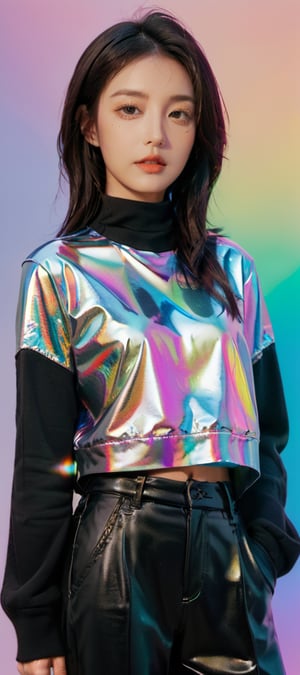 xxmixgirl,1girl beautiful goodlooking, flowing rainbow colored holographic background. Keywords: nike, holographic, iridescent, vaporwave, fluid.,xxmix_girl,LinkGirl