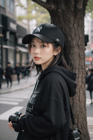 a photo portrait of a paparazzi holding a camera behind the tree targeting celebrities,  wearing black hoodie sort skirt and black hat NY logo,  ready to shot,  camera on eye, photographer posture,  dynamic pose,  brown eyes,  crying_with_eyes_open,  short white wavy hair,  b3rli, xxmix_girl, omatsuri, LinkGirl, , , , , 