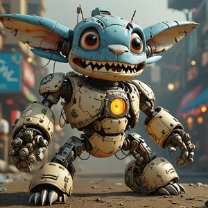 robo stitch disney, ruined citalian ity background, no fur, mechanical face, LED eyes, 4 arms, shoulder cannon